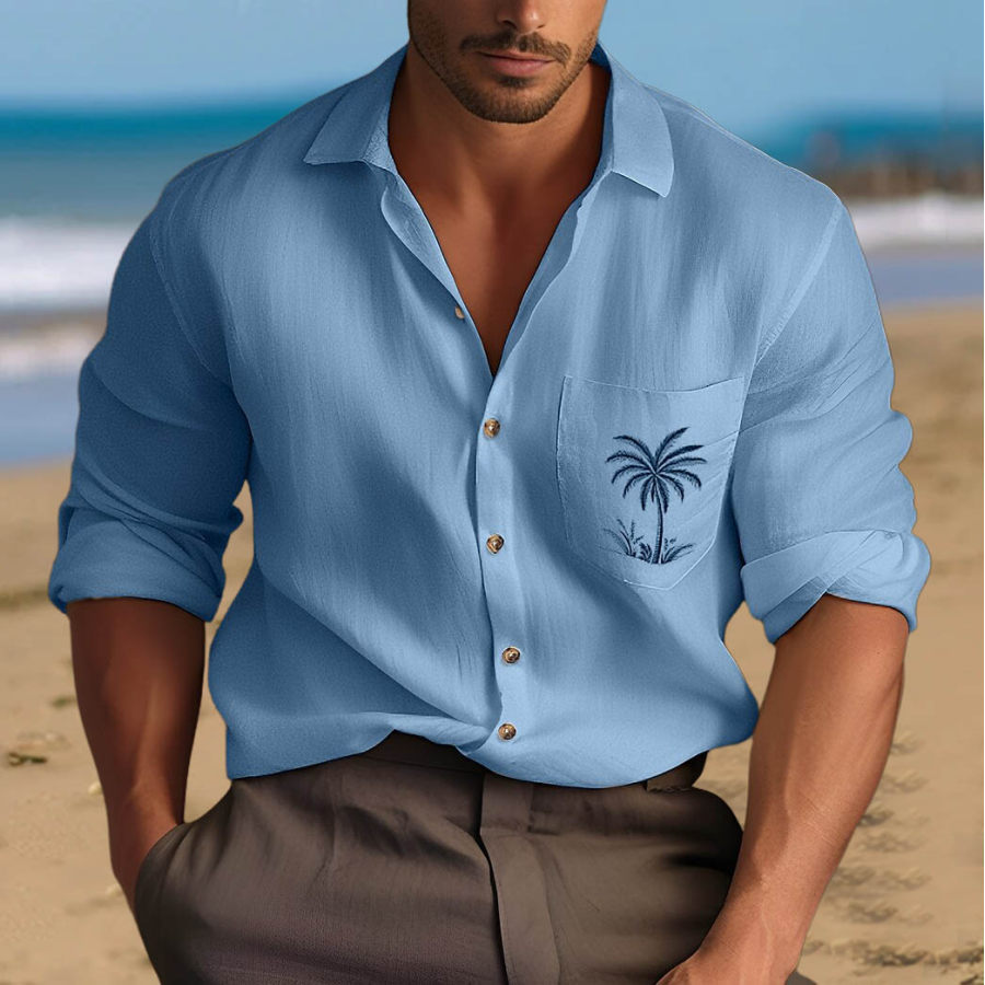 

Herren-Hemd Aus Baumwollleinen Mit Kokosnussbaum-Stickerei Hawaii-Strandurlaub Lange Ärmel Lässige Alltagsoberteile