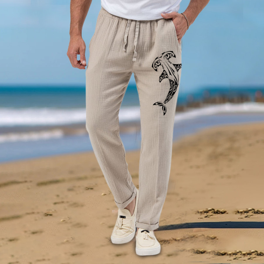 

Мужские хлопковые и льняные повседневные гавайские брюки с принтом акулы для пляжа и отдыха с карманами на шнурке