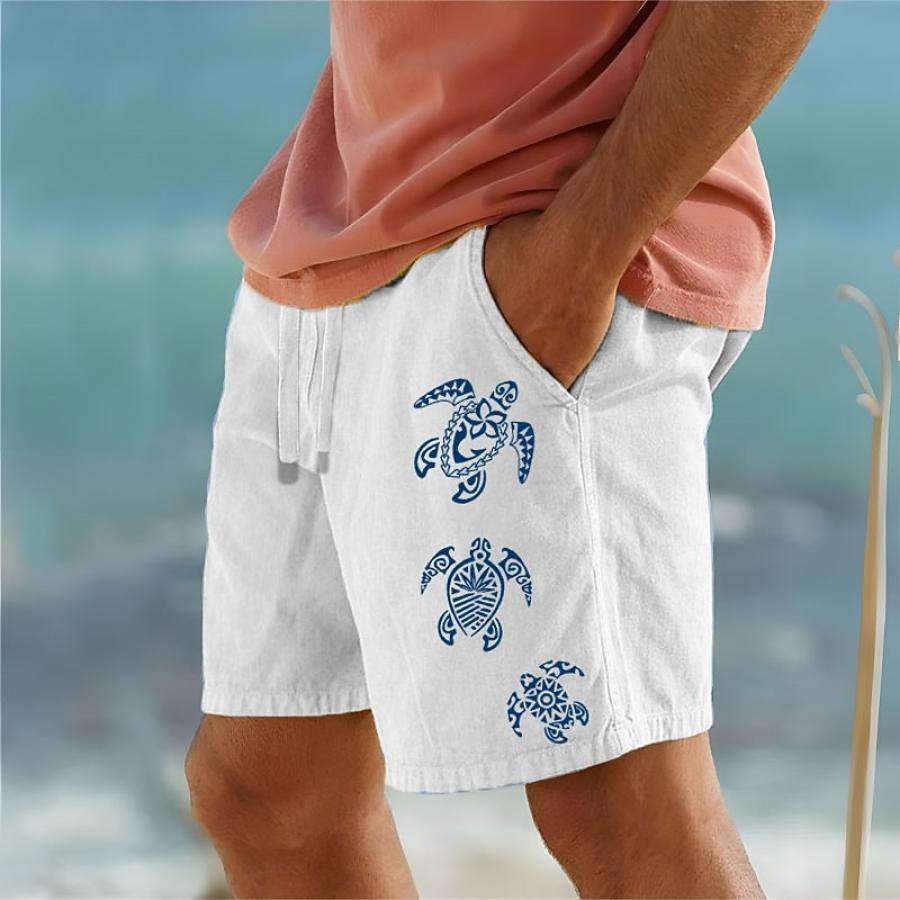 

Men's Cotton Linen Shorts Vintage Turtle Beach Vacation Hawaii Summer Daily Shorts