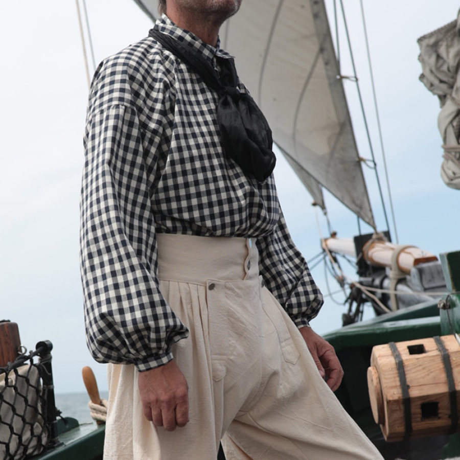 

19th Century Sailor Men's Polo Collar Cotton Linen Plaid Shirt Vintage Long Sleeve Daily Tops Navy Blue