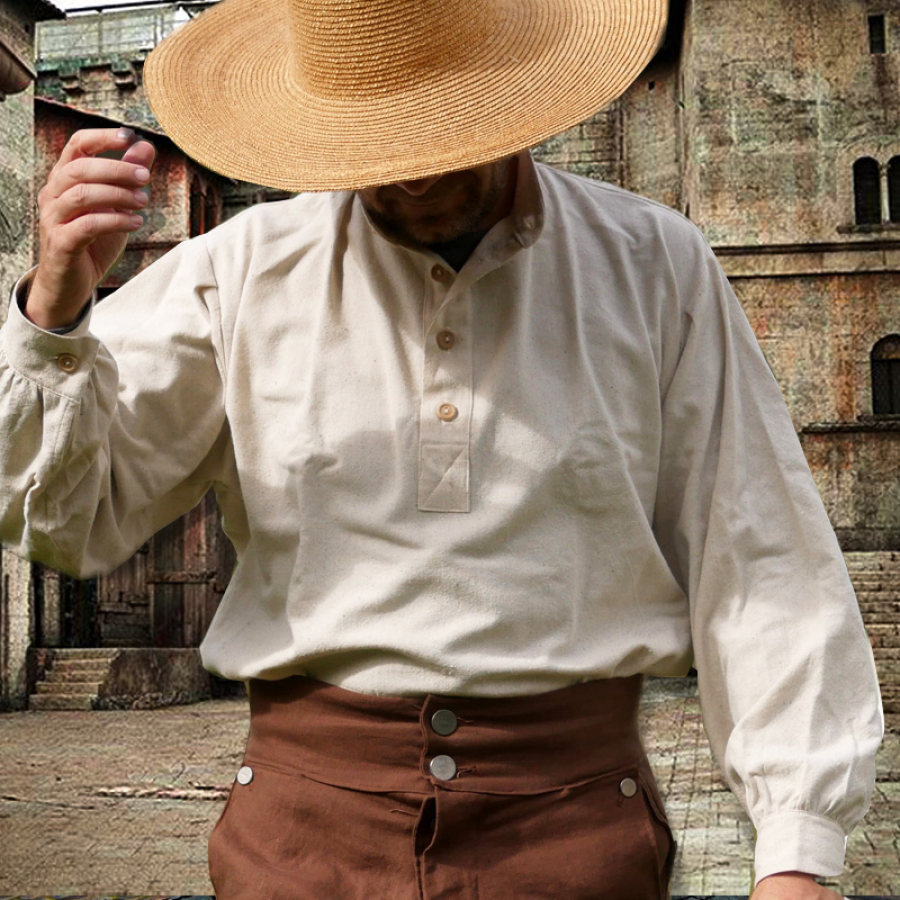 

Osnaburg 19th Century Men's Henley Collar Linen Shirt Vintage Long Sleeve Daily Tops Apricot