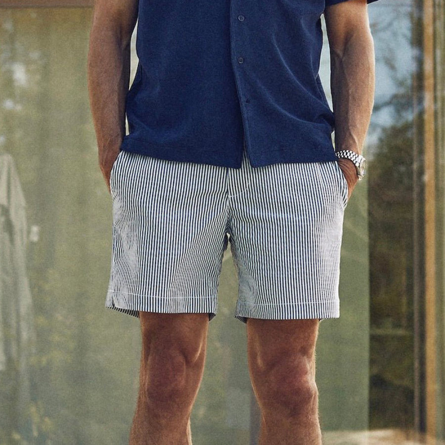 

Men's Seersucker Swim Trunks Navy Striped Tailored Shorts