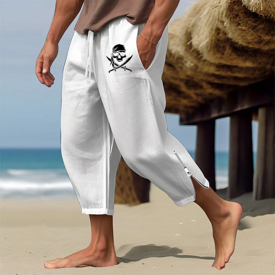 

Herren-Piratenschiff-Leinenhose Sommer-Strandhose Kordelzug Elastische Taille Reißverschluss Am Bein Einfarbig Bequem Atmungsaktiv Lässig Täglich