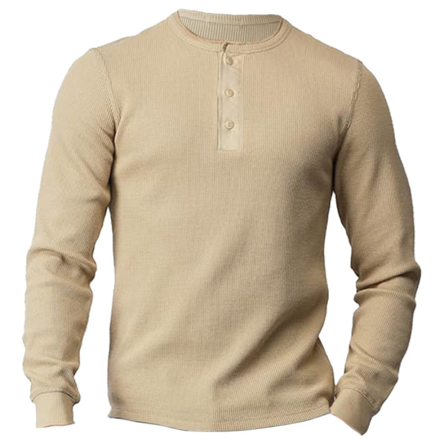 

Men's Waffle Henry T-Shirt Solid Color Casual Long Sleeve Khaki