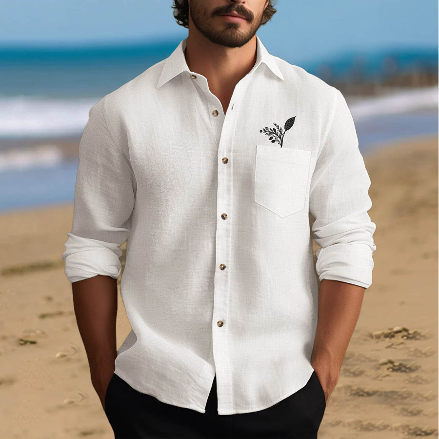 

Chemise En Coton Et Lin Pour Hommes Poche Brodée De Feuilles Plage Hawaïenne Vacances Manches Longues Hauts Décontractés Quotidiens