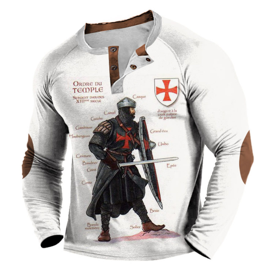 

Herren T-Shirt Henley Knights Templar Print Kontrastfarbe Langarm Outdoor Daily Tops