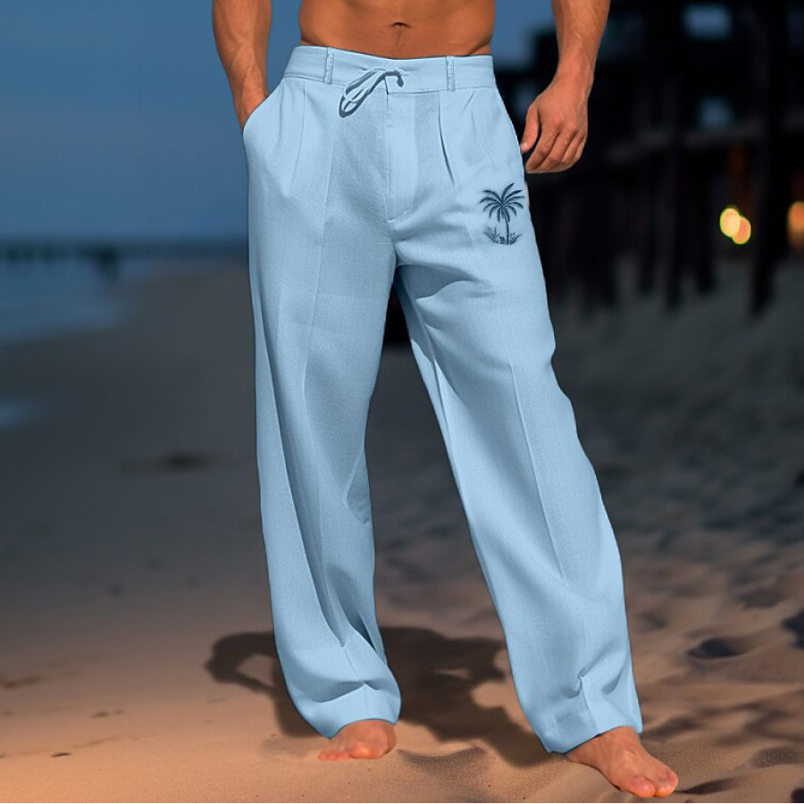 

Pantalon En Coton Et Lin Pour Hommes Broderie De Cocotier Plage Vacances Cordon De Serrage Bas Hawaïen Décontracté Pour Tous Les Jours