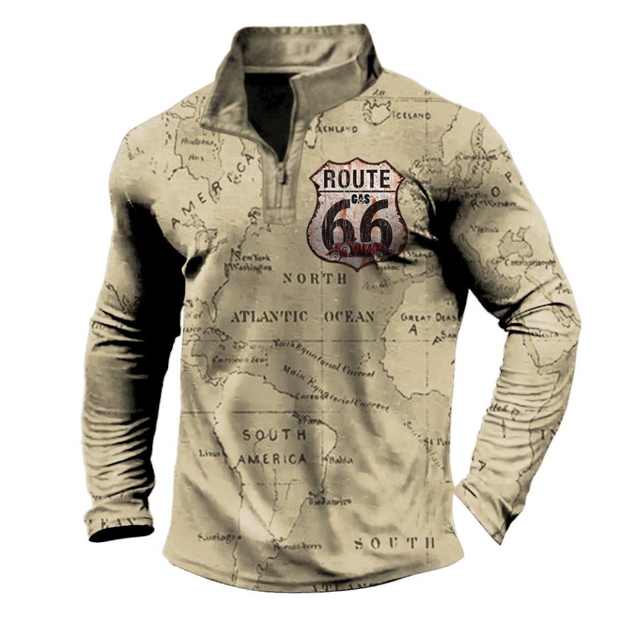 

Men's T-Shirt Route 66 World Map Quarter-Zip Stand Collar Outdoor Long Sleeve Daily Tops