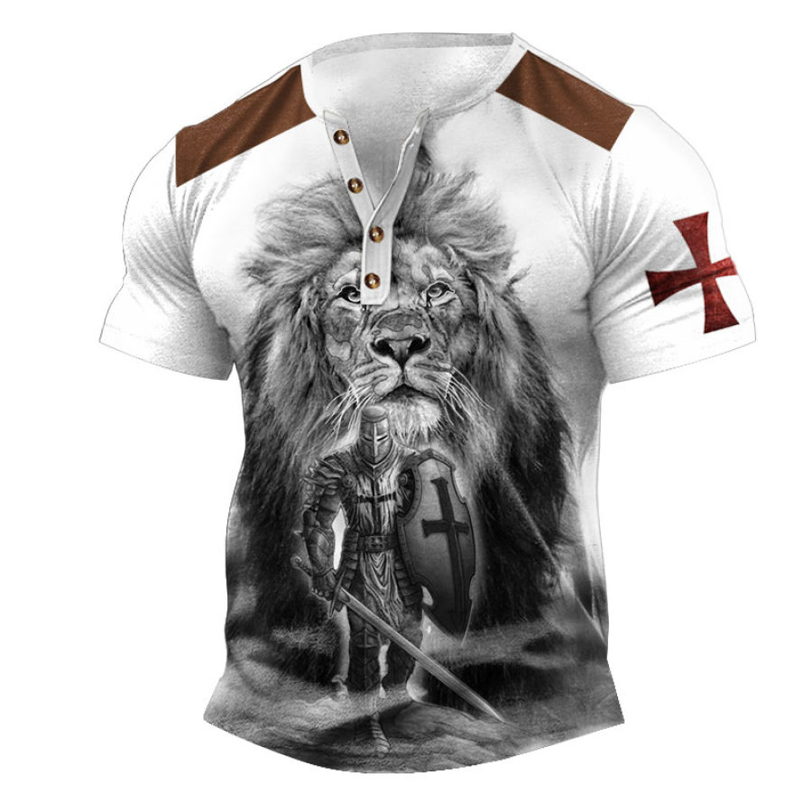 

Men's T-Shirt Henley Knights Templar Lion Cross Color Block Outdoor Short Sleeve Summer Daily Tops