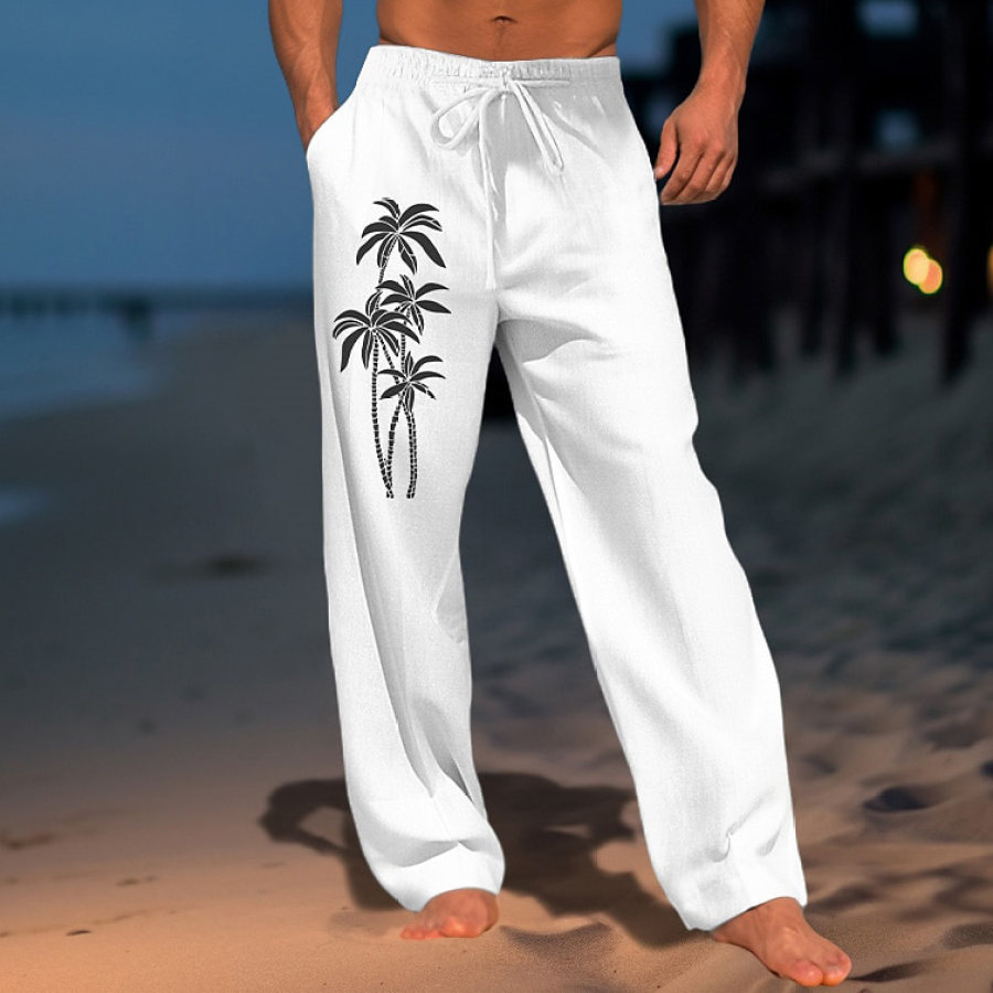 

Men's Cotton Linen Pants Coconut Print Beach Vacation Drawstring Casual Daily Hawaiian Bottoms