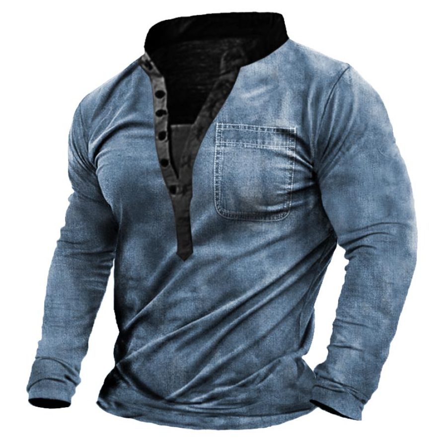 

Herren T-Shirt Henley Vintage Pocket Kontrastfarbe Langarm Alltagsoberteile