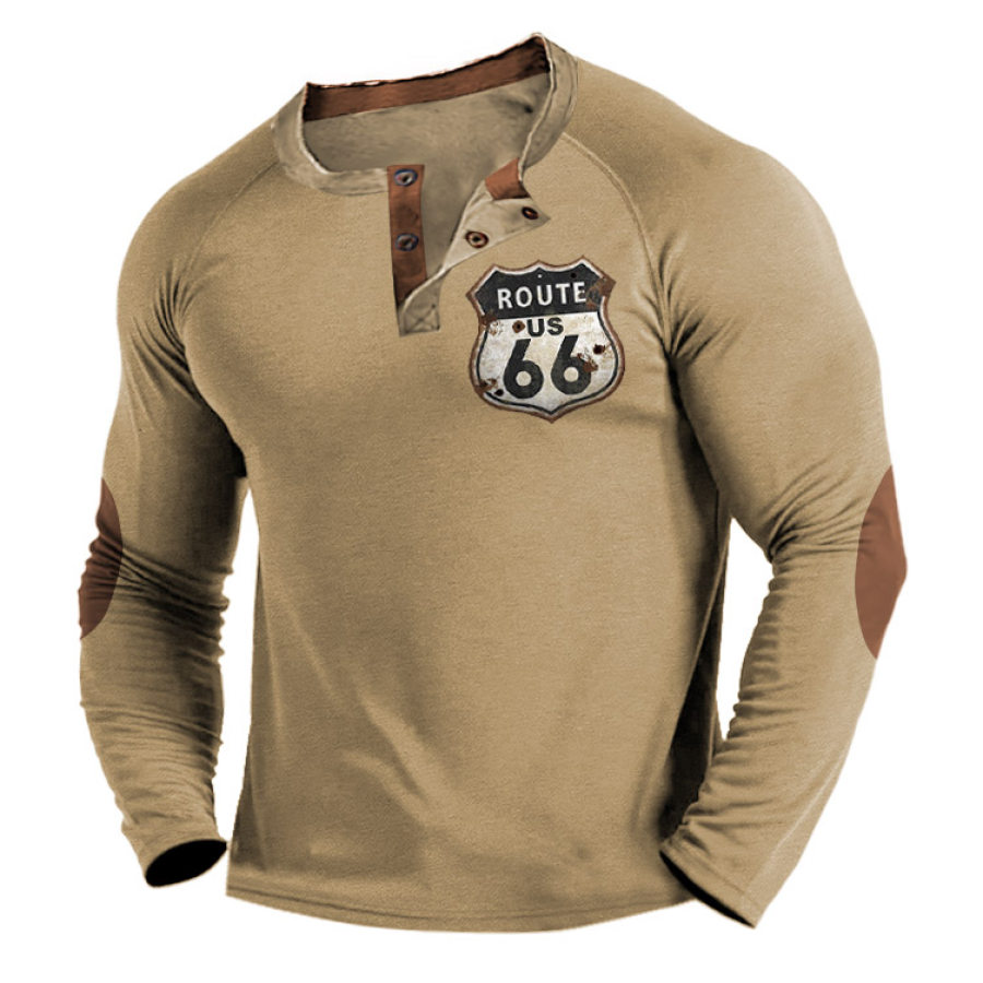 

T-shirt Pour Hommes Henley Route 66 Imprimé Couleur Contrastée à Manches Longues En Plein Air Hauts Quotidiens