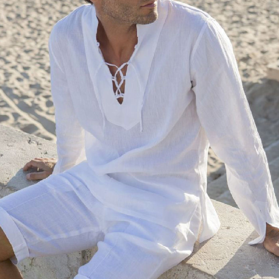 

Chemise En Lin Et Coton Avec Cordon De Serrage Pour Hommes Haut Décontracté à Manches Longues Pour Les Vacances