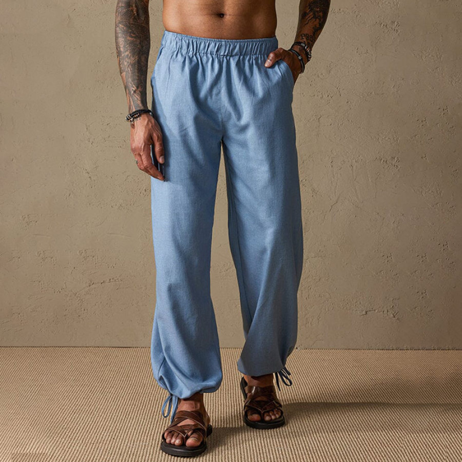 

Мужские свободные хлопковые льняные брюки для отпуска повседневные курортные брюки с эластичной резинкой на талии