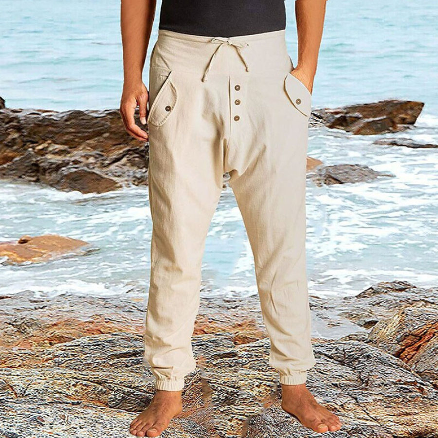 

Pantalones De Lino De Algodón Con Cordón Sueltos De Estilo étnico Para Hombre Pantalones Casuales De Vacaciones
