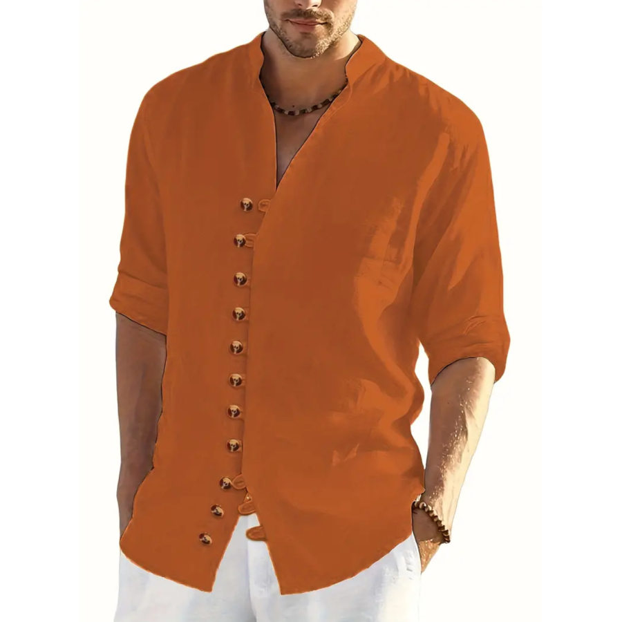 

Chemise Rétro En Coton Et Lin Pour Hommes Chemises Décontractées Amples à Manches Longues Col Montant Cardigan à Boutons Chemises De Couleur Unie