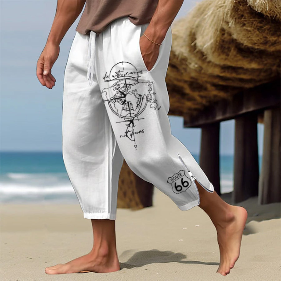 

Pantalon En Lin Route 66 Pour Hommes Décontracté été Plage Taille élastique Jambe Zippée Pantalon Confortable Et Respirant