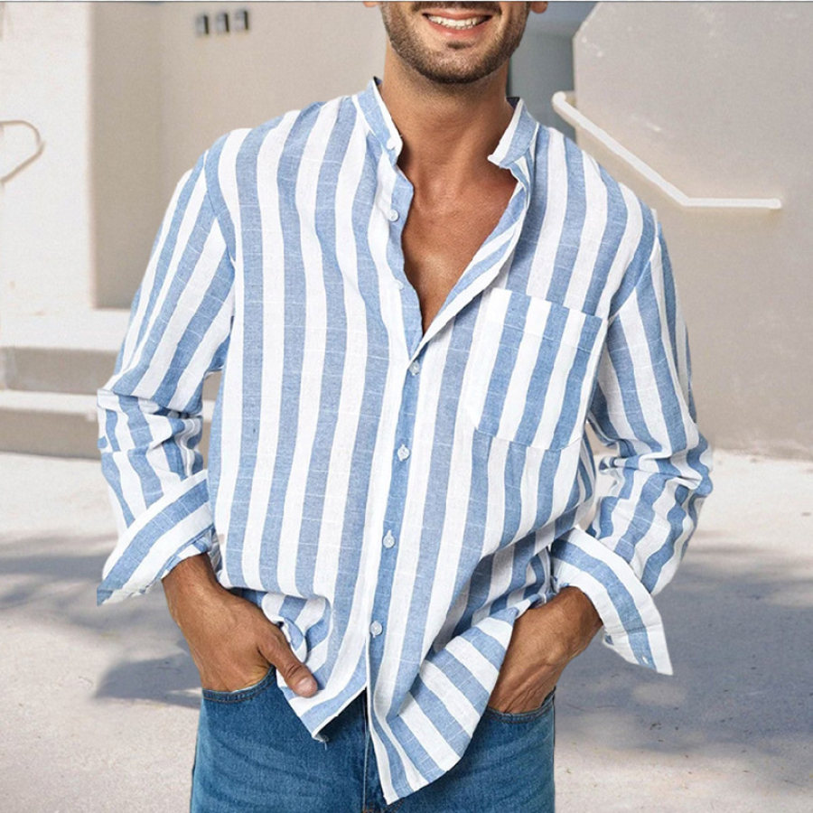 

Herren-Streifen-Leinenhemd Sommerhemd Freizeithemd Strandhemd Lange Ärmel Einfarbiges Oberteil