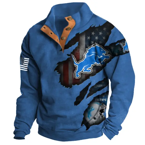 Men's Detroit Lions NFL Printed Super Bowl Color Block Henley Sweatshirt - Cotosen.com