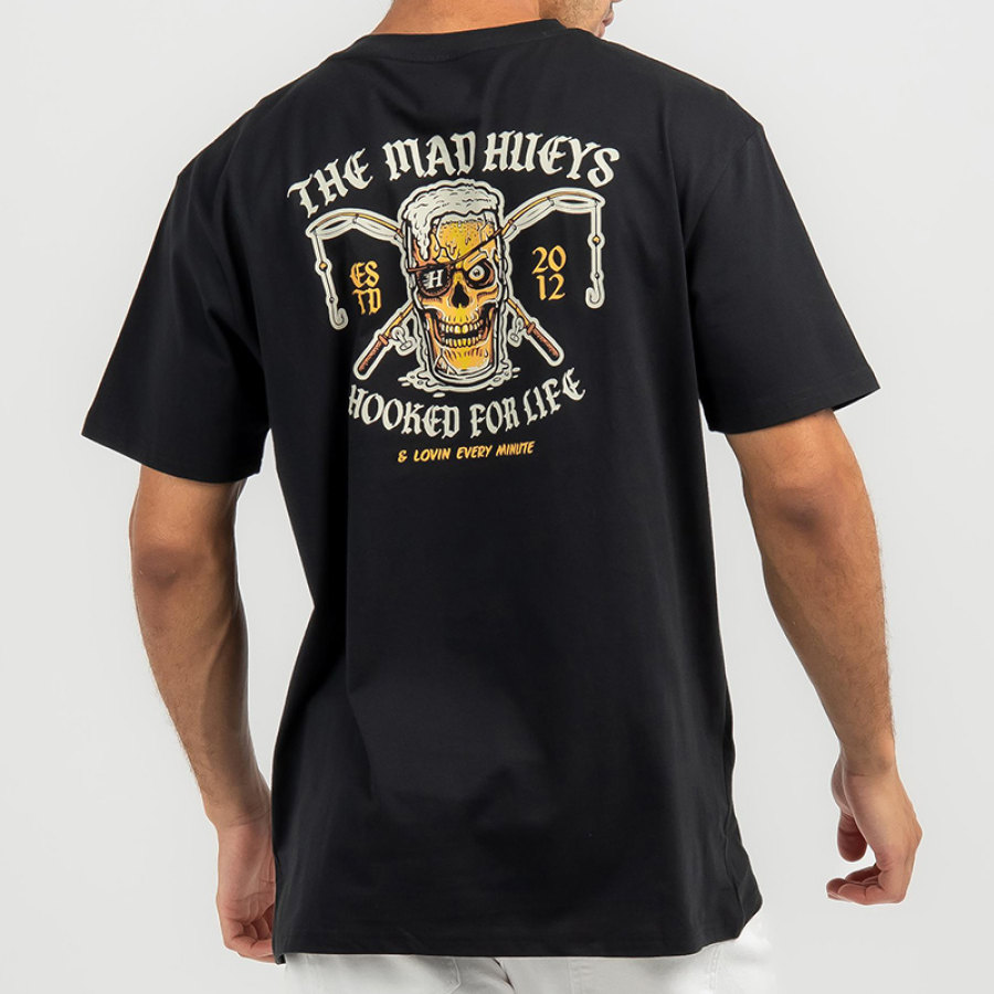 

Men's Skull Beer Print Short Sleeve T-Shirt Still Hooked For Life