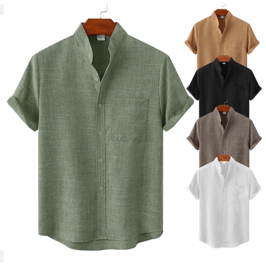 

Herren-Leinenhemd Henley-Hemd Vordertasche Freizeithemd Schwarz Kurzarm Einfarbig Hawaiianische Urlaubskleidung