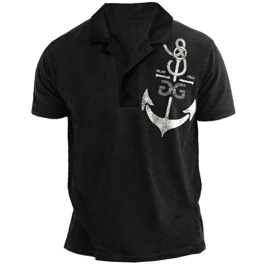 

Herren-T-Shirt Mit Retro-Reverskragen Und Anker-Kompass-Aufdruck