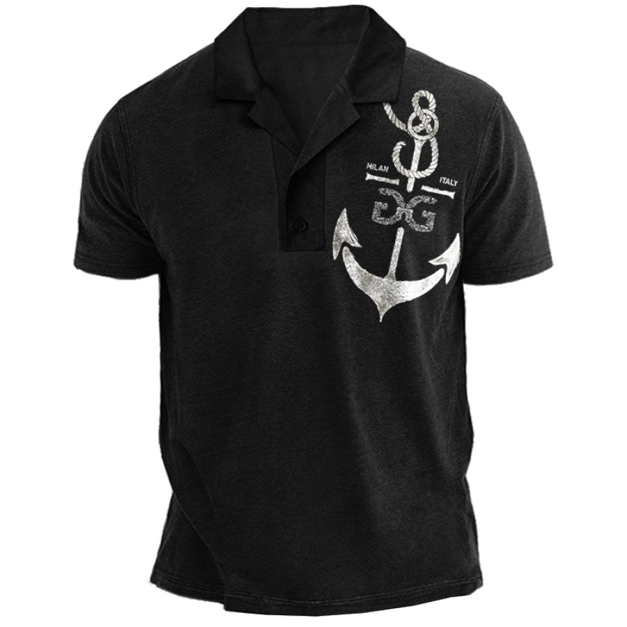 

Men's Retro Lapel Collar Anchor Compass Print T-Shirt