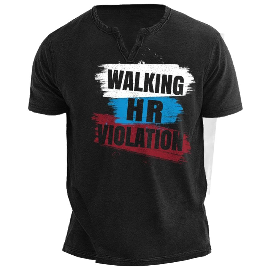 

Walking HR Violation Herren-T-Shirt Mit Henley-Kragen-Print Im Retro-Stil