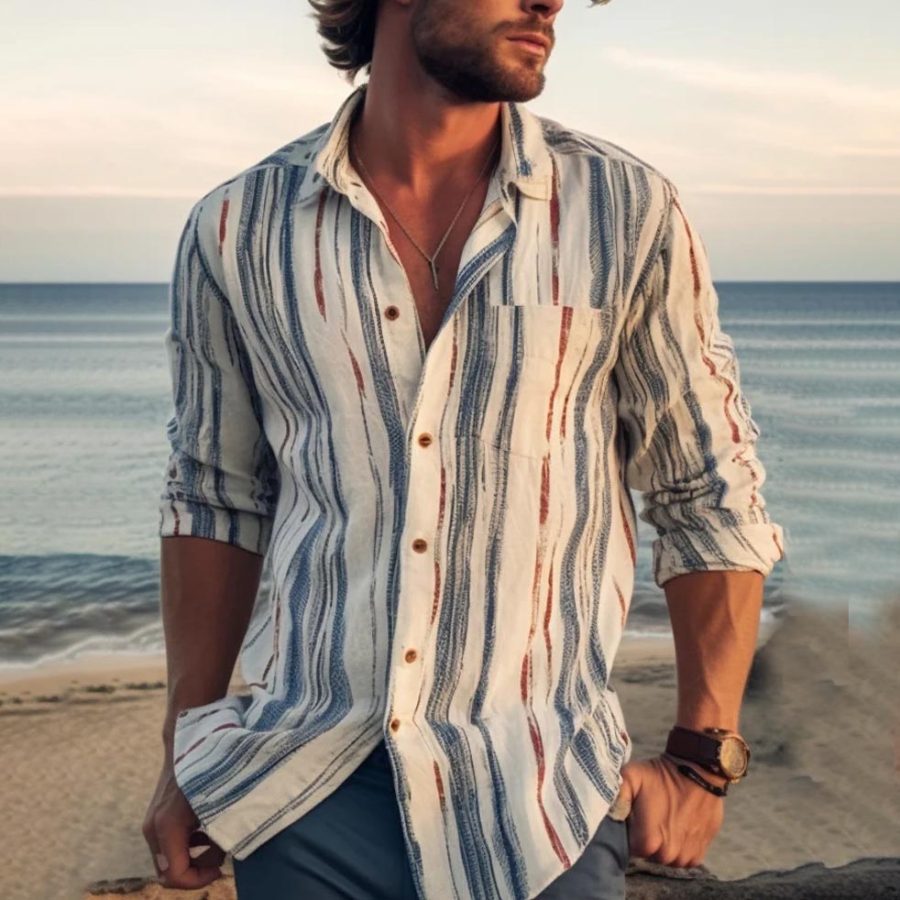 

Camisa De Lino De Algodón Para Hombre Con Bolsillo A Rayas Hawaii Beach Vacation Manga Larga Casual Tops Diarios