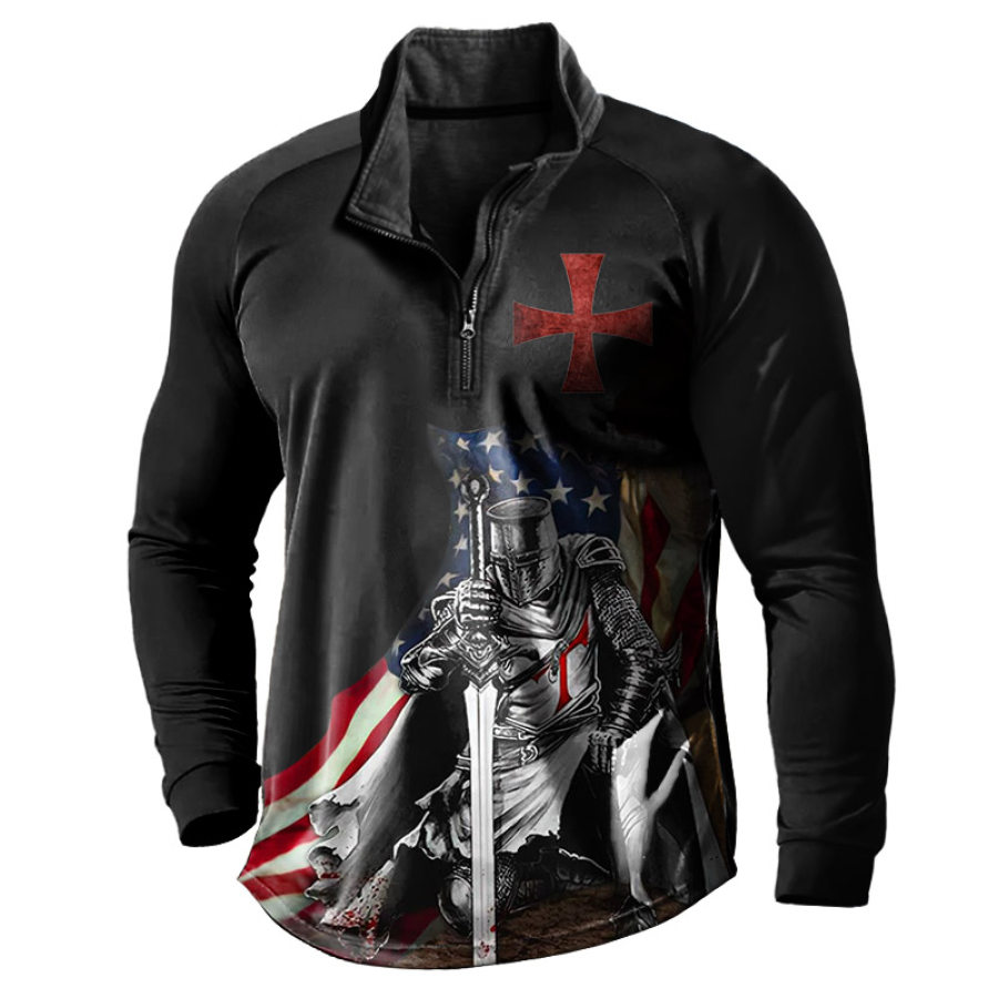 

T-Shirt Pour Hommes Chevaliers Templiers Drapeau Américain Imprimé Croix Quart De Fermeture Éclair Col Montant Extérieur Manches Longues Hauts Quotidiens