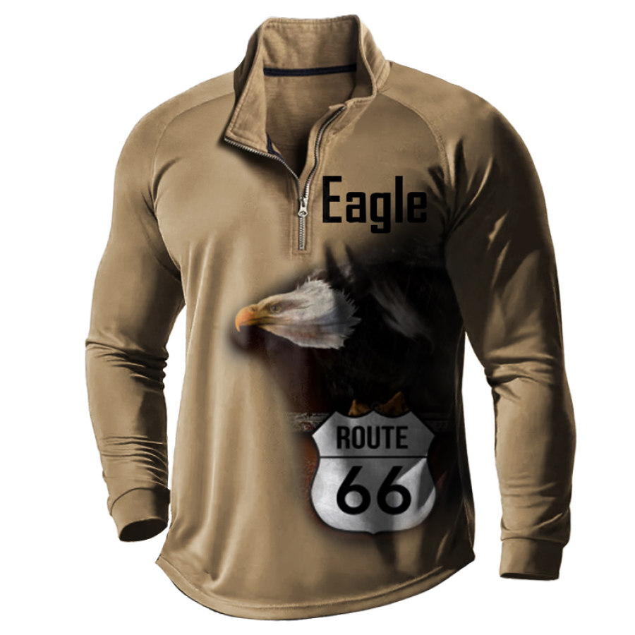 

T-shirt Pour Hommes Route 66 Eagle Print Quarter-Zip Col Montant Extérieur Manches Longues Hauts Quotidiens