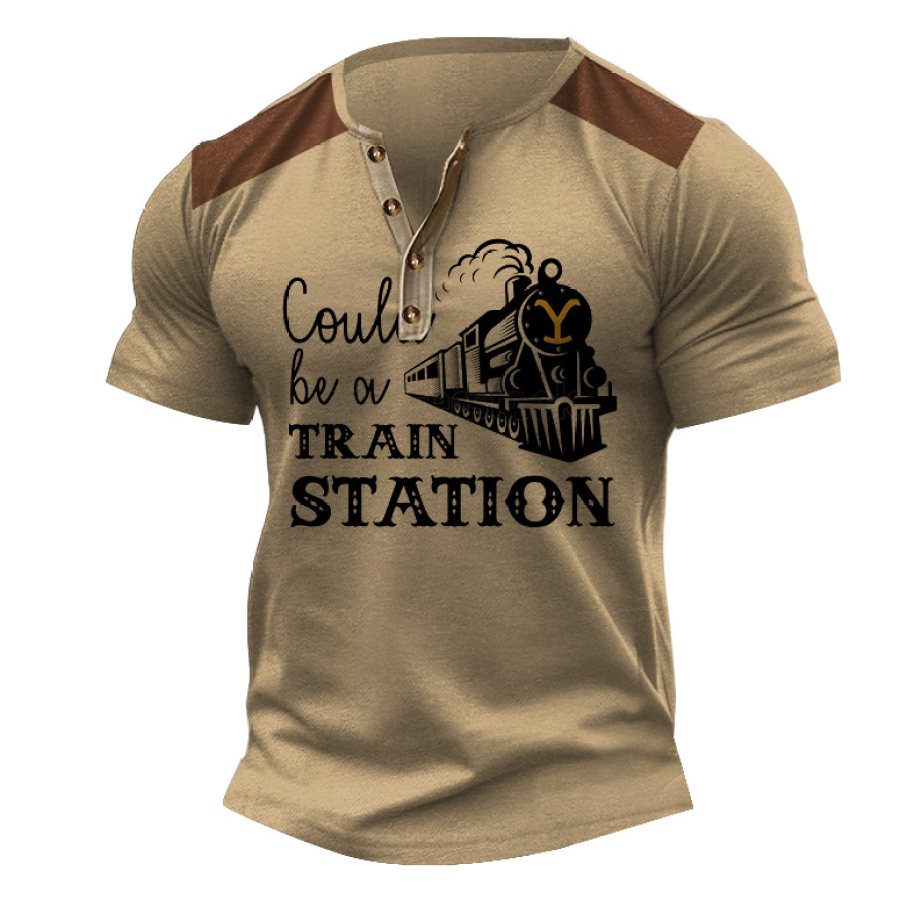 

Men's T-Shirt Henley Yellowstone Could Be A Train Station Color Block Outdoor Short Sleeve Summer Daily Tops