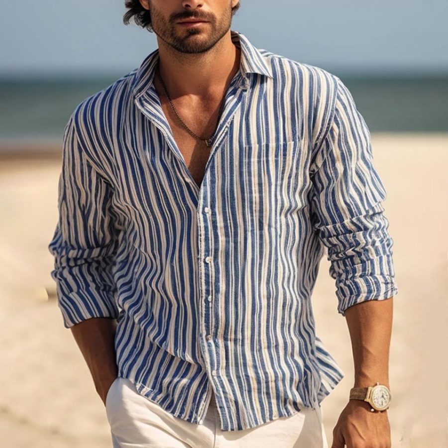 

Мужская хлопково-льняная рубашка в полоску с карманами Гавайи пляжный отдых повседневные повседневные топы с длинными рукавами