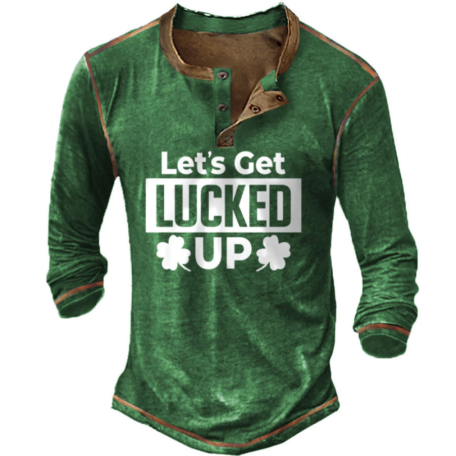 

Мужская футболка Henley Let's Get Lucky Up с длинными рукавами и длинными рукавами контрастного цвета повседневные топы ко Дню Святого Патрика