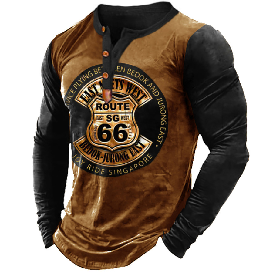 

Men's Retro Route 66 Henry T-Shirt Outdoor Casual Contrast Color Black Wolf Brown Long Sleeve Top