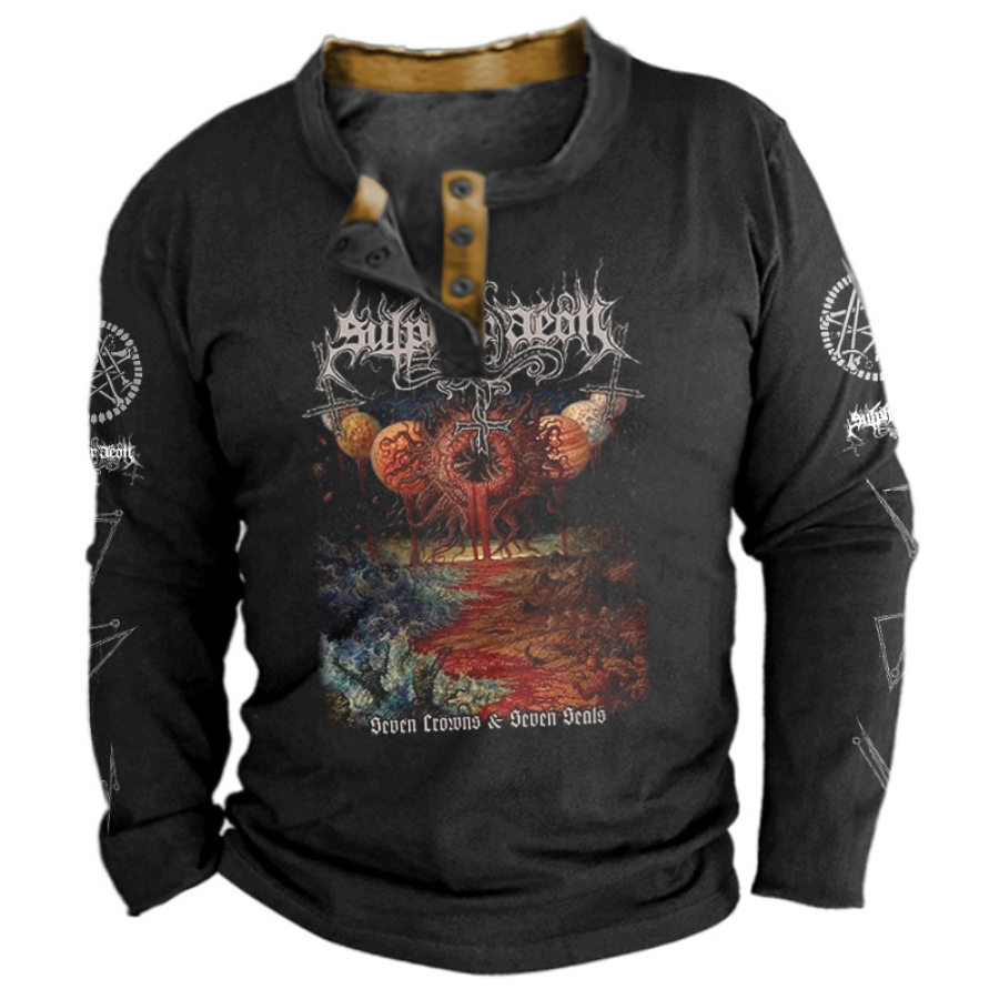 

Herren Ván Records Sulphur Aeon Bedrucktes Langarm-Henley-T-Shirt Black Metal Band Rockmusik