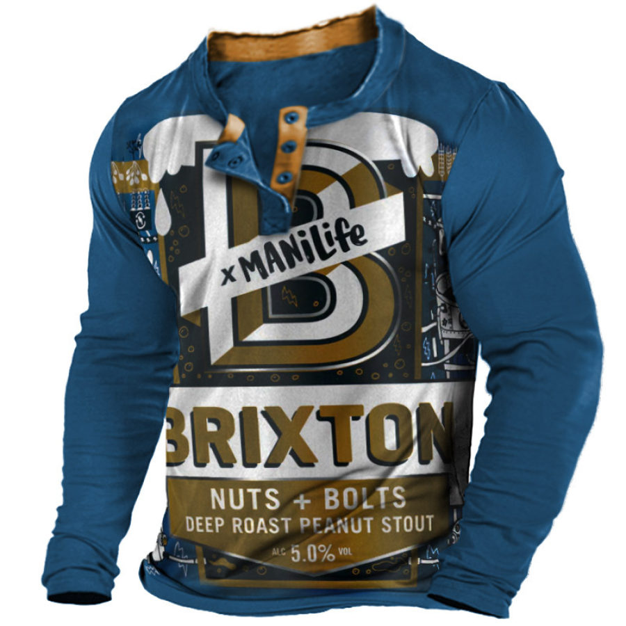 

Herren-Langarm-T-Shirt „Brixton Beer Drinks“ Mit Farbblock-Henley-Aufdruck