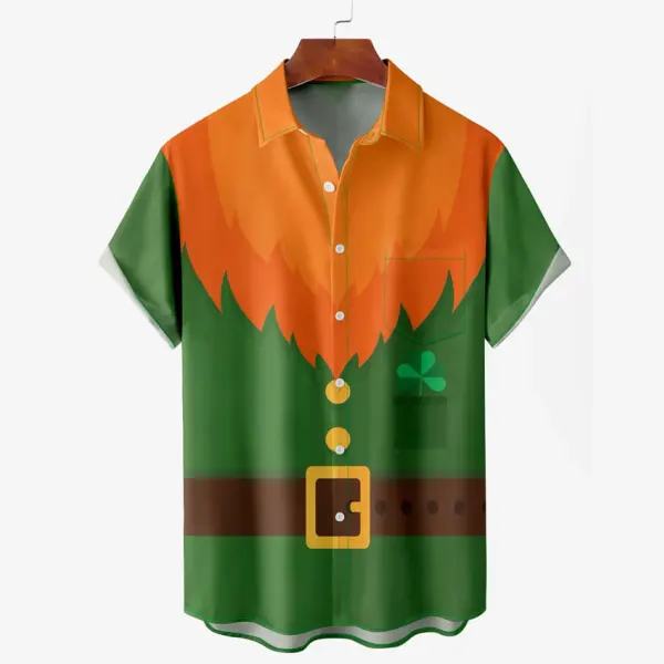 Men's St. Patrick's Day Elf Belt Shamrock Hawaiian Summer Vacation Short Sleeve Shirt - Trisunshine.com 