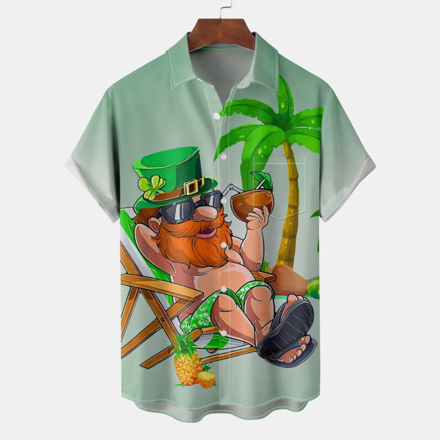 

Men's St. Patrick's Day Creative Cartoon Beach Man Hawaiian Summer Vacation Short Sleeve Irish Shirt