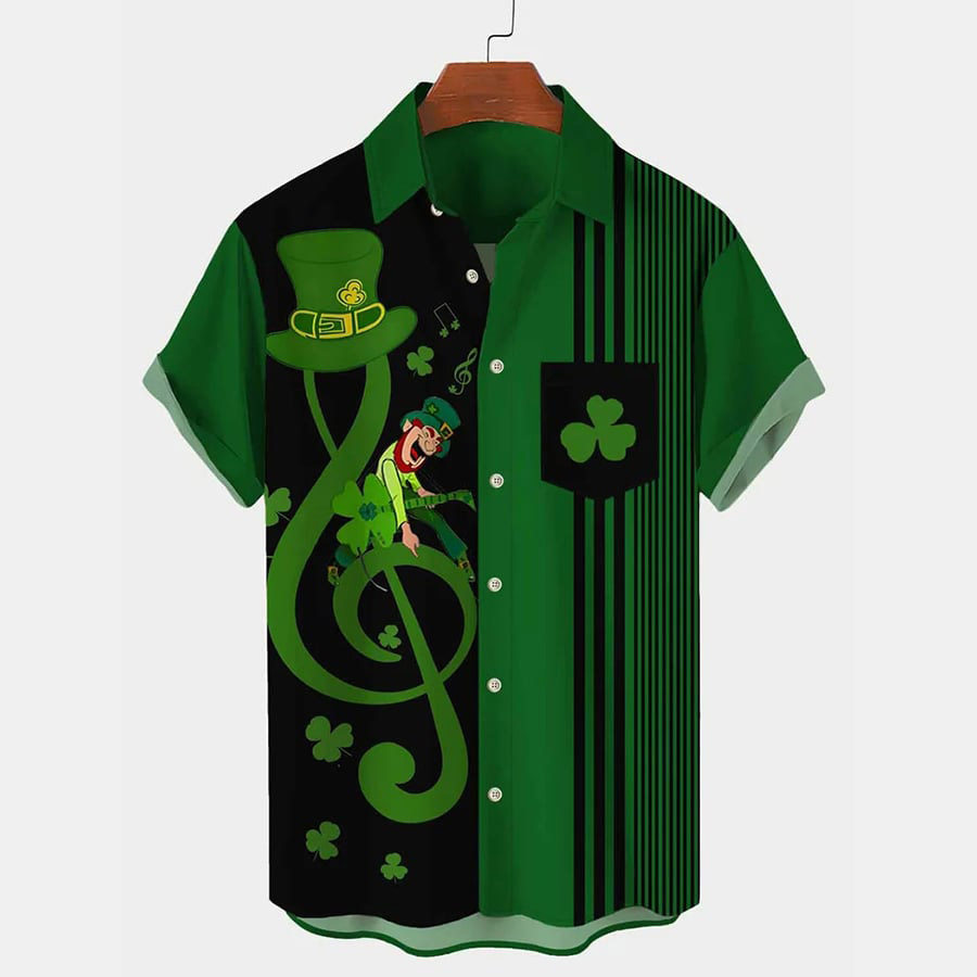 

Men's St. Patrick's Day Cartoon Man Note Shamrock Contrast Color Hawaiian Summer Vacation Short Sleeve Irish Shirt