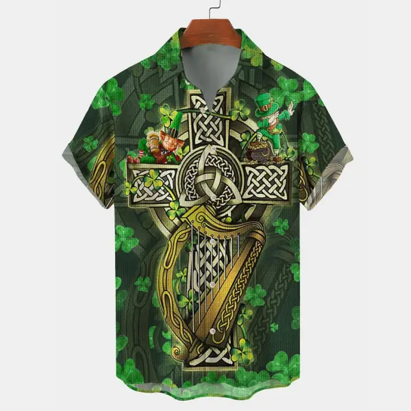 Men's St. Patrick's Day Celtic Cross Flag Shamrock Hawaiian Summer Vacation Short Sleeve Shirt - Trisunshine.com 