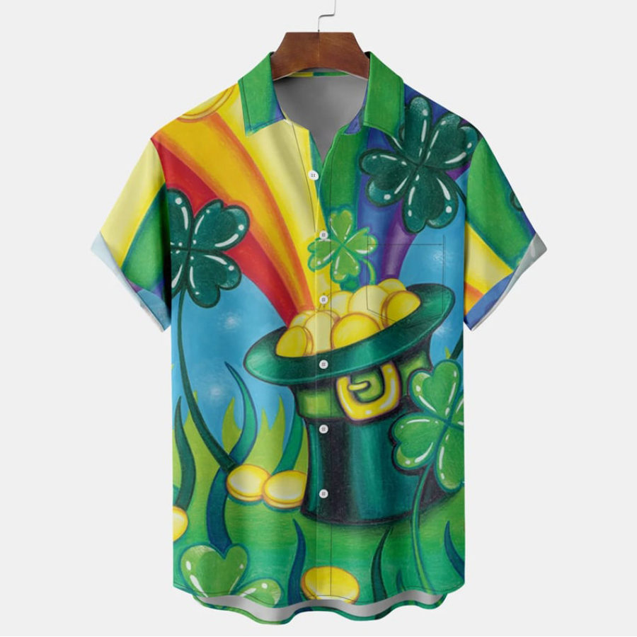 

Camisa Hawaiana De Manga Corta Para Vacaciones De Verano Diseño De Trébol Y Sombrero Arcoíris Del Día De San Patricio Para Hombre