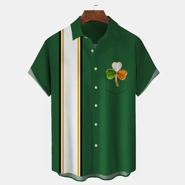 Men's St. Patrick's Day Shamrock Stripe Hawaiian Summer Vacation Short Sleeve Shirt - Cotosen.com