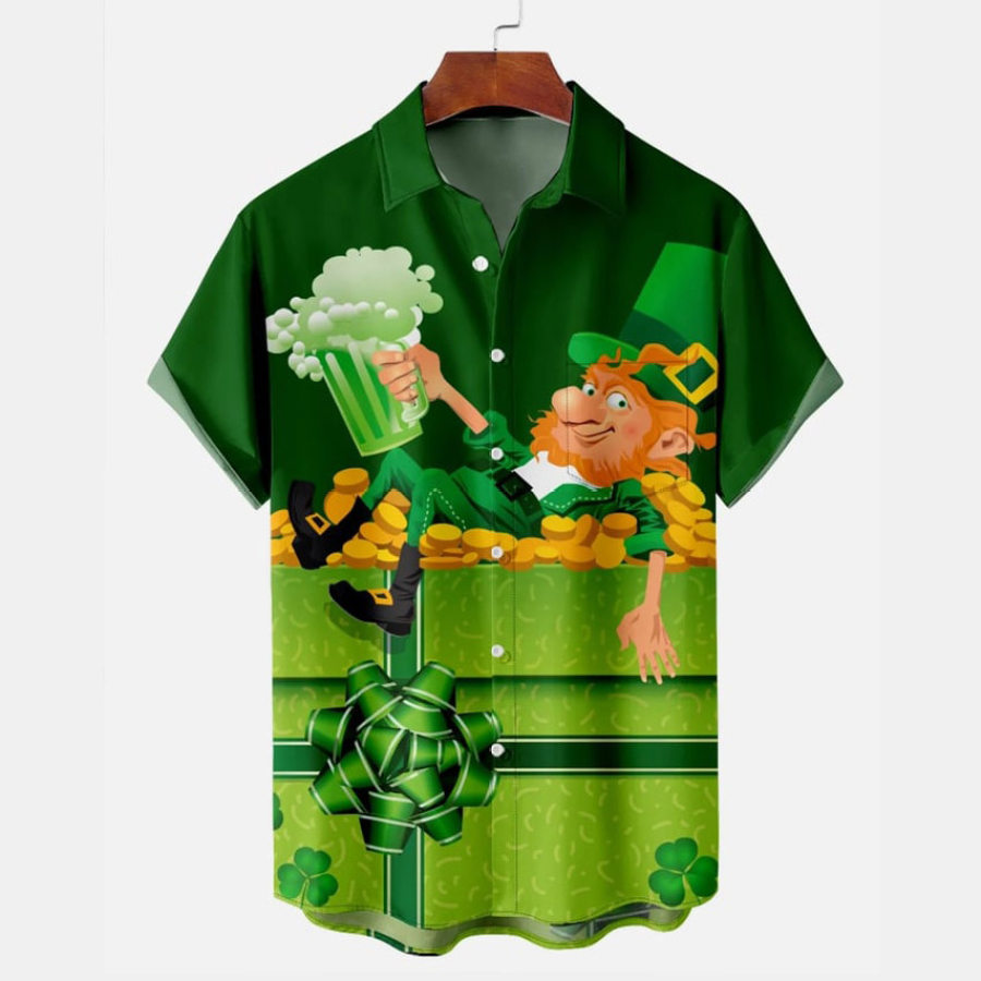 

Men's St. Patrick's Day Cartoon Man Beer Shamrock Hawaiian Summer Vacation Short Sleeve Irish Shirt