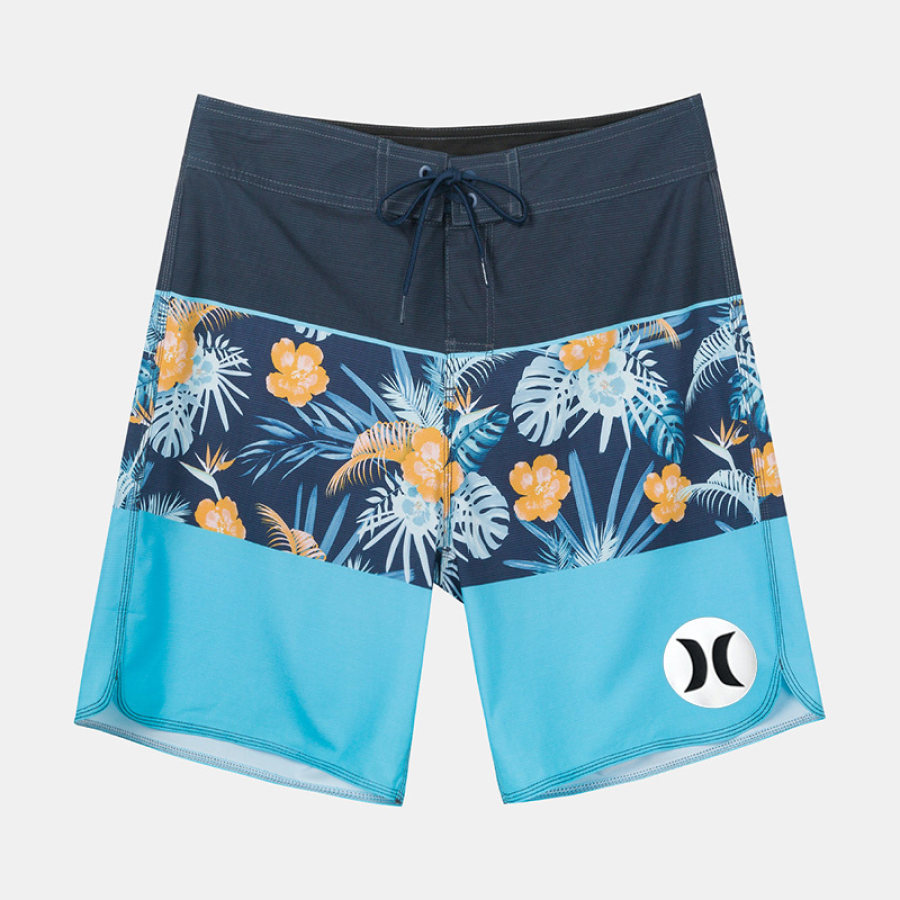 

9" 4-Wege-Stretch-Boardshorts Mit Tropical Navy-Print Und Kordelzug Für Herren. Surfshorts