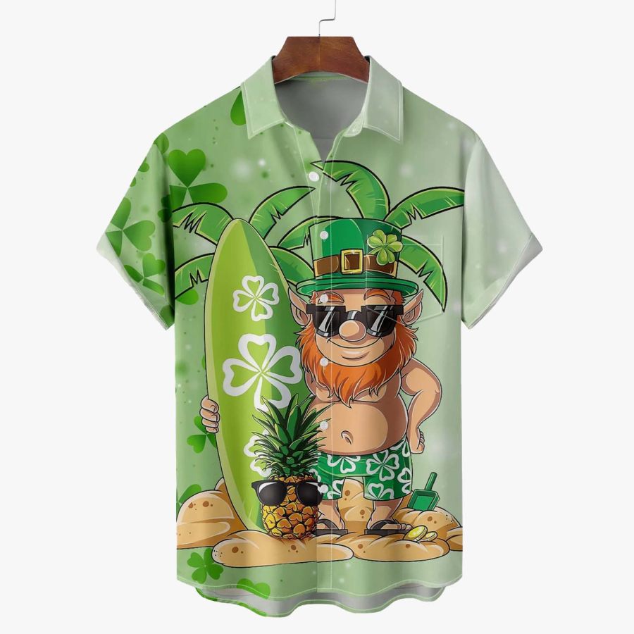 

Мужская рубашка с коротким рукавом для летних каникул в ирландском гавайском стиле с изображением трилистника эльфа и Дня Святого Патрика