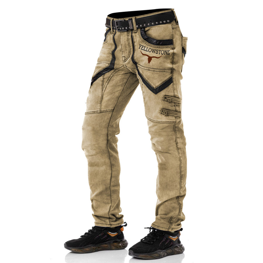

Pantalon Imprimé Yellowstone Pour Hommes Patchwork En Cuir Extérieur Vintage Coton Lavé Pantalon De Travail Quotidien