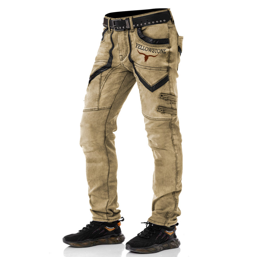 

Herren-Hose Mit Yellowstone-Aufdruck Patchwork-Leder Outdoor-Vintage-Hose Aus Gewaschener Baumwolle Tägliche Arbeitshose