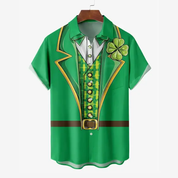 Men's St. Patrick's Day Lucky Clover Irish Tuxedo Hawaiian Summer Vacation Short Sleeve Shirt - Trisunshine.com 