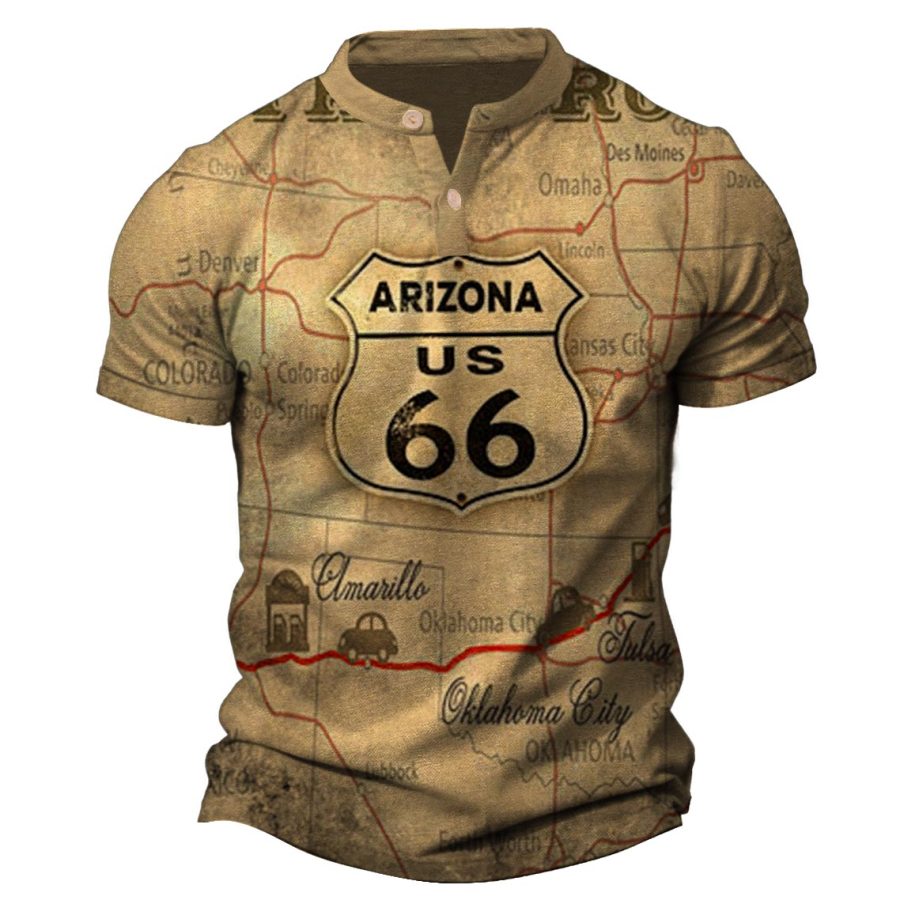 

Camiseta Para Hombre Henley Route 66 MapVintage Tops Diarios De Verano De Manga Corta Para Exteriores